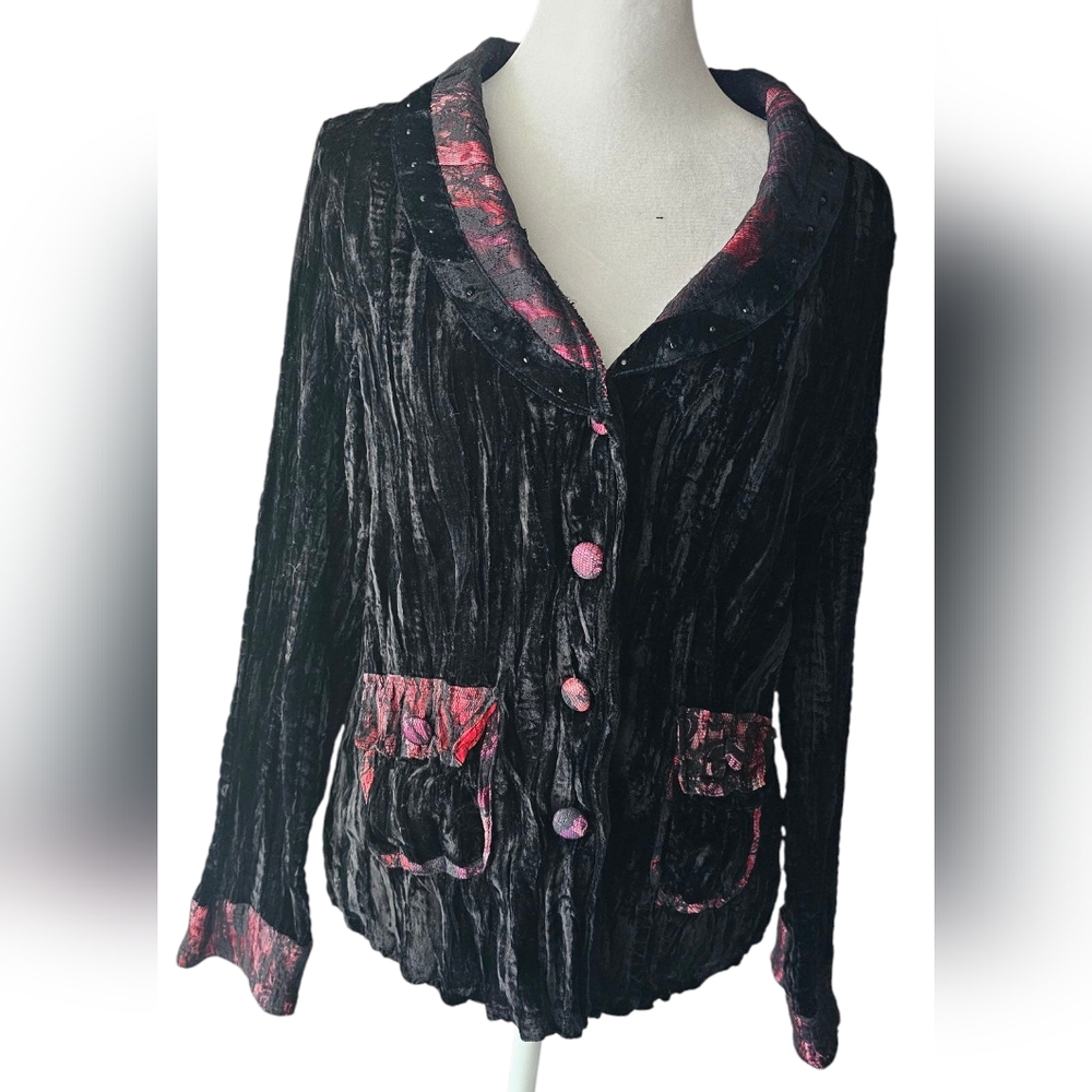 Alberto Makali Crushed Velvet Black Red Beaded‎ Jacket Large - Picture 6 of 13